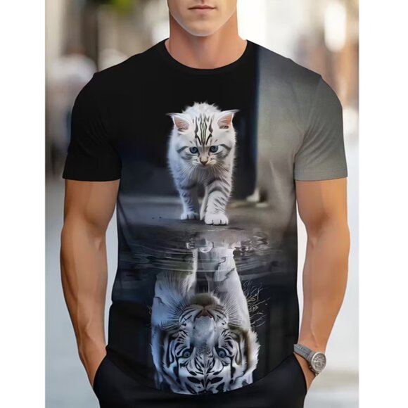 Graphic Short Sleeve T-Shirt, Kitten & Tiger Reflection Print, Polyester, Large - Picture 1 of 15